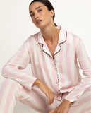 64623 ADMAS CLASSIC Women's Classic Light Stripes Long Sleeve Open Pyjamas - PINK