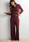 64654 ADMAS HOME Women's Long Sleeve Yoga Pajamas with Placket, Burgundy